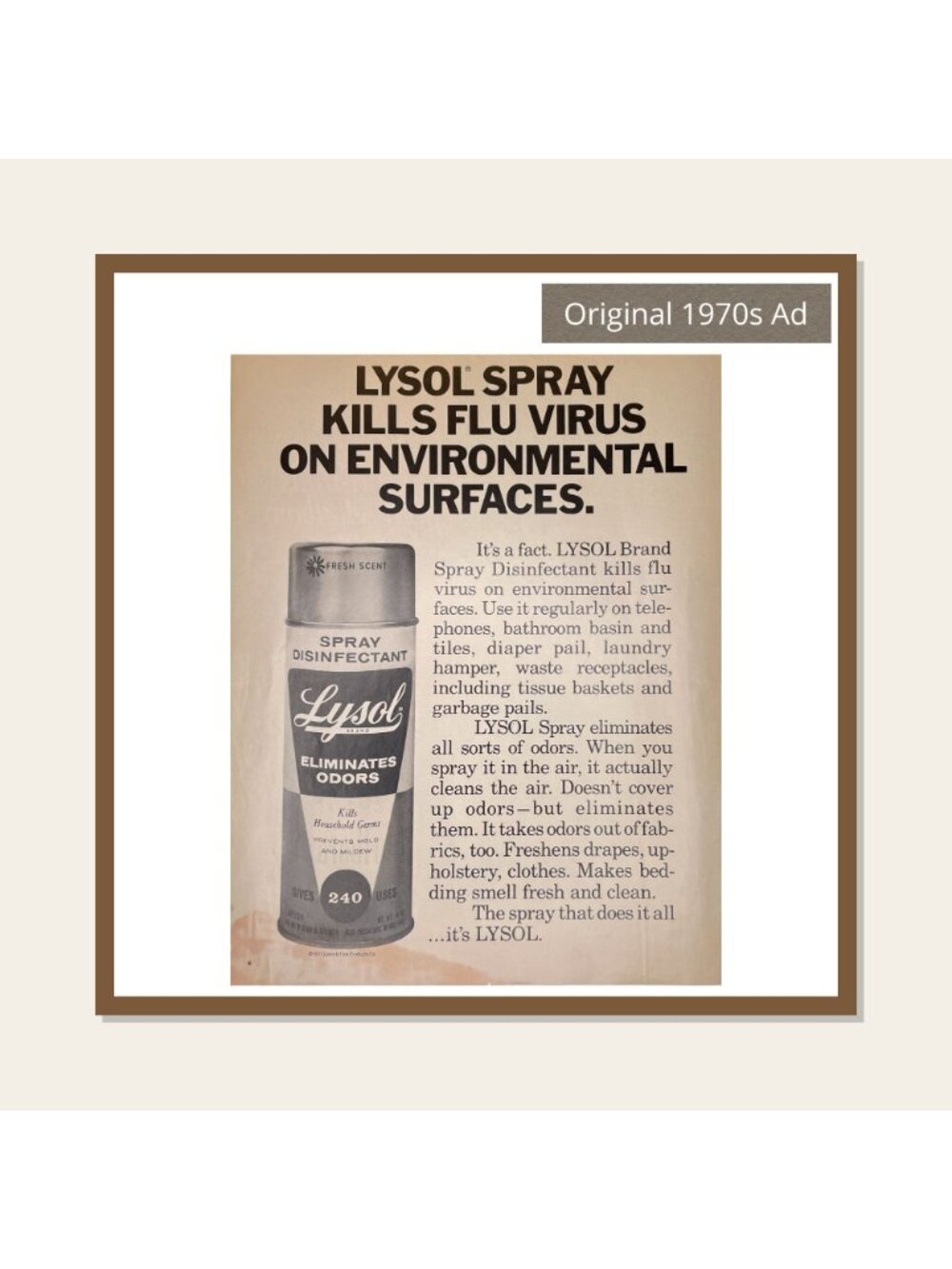 Lysol Spray Kills Flu Virus Surfaces Vintage Print Ad 1971 Original u